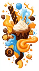 Colorful cupcake illustration with chocolate, cookie, and candy elements swirling around, perfect for sweet-themed designs.