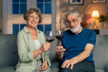 a bright living room with sofa grandma and grandpa drinking red wine from glasses leisure of...