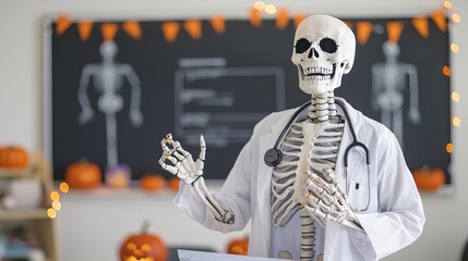 Skeleton in a doctor's coat presenting in a classroom setting with Halloween decorations.