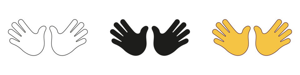 Two Open Hands for Greeting or High Five Gestures Set. Open Palms Line and Silhouette Sign. Double Hands Emoji Icon. Editable Stroke. Isolated Vector Illustration