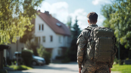 Rear view of military man in uniform standing on street against background of his house
