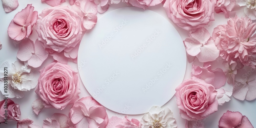 Poster pink roses and flowers arranged in a round frame with a white circle for text on a white background.