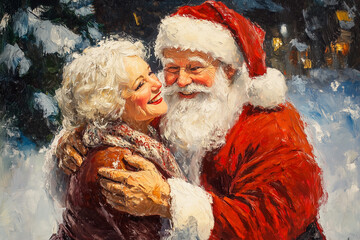 Santa Claus and Wife Painting, Santa Claus and Woman in Snow, Festive Oil Painting Style