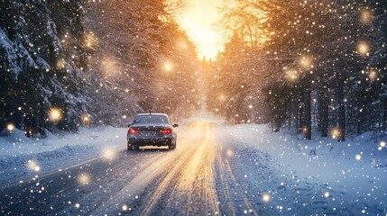 Scenic winter car trip on snow-covered road through majestic forests with snow-capped trees, capturing the tranquil beauty of a snowy winter landscape perfect for seasonal travel and adventure inspira