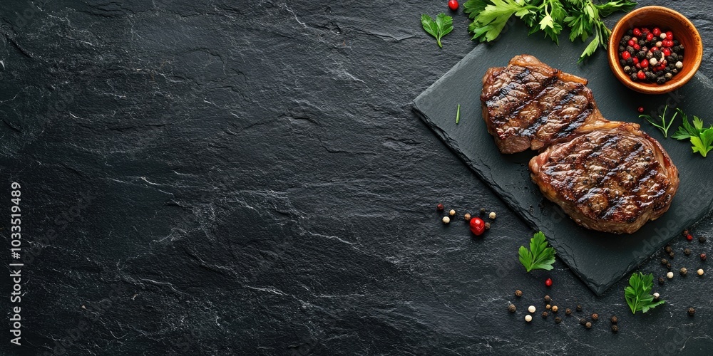 Poster grilled cowboy beef steak with herbs and spices on a dark stone background. barbecue. top view. copy