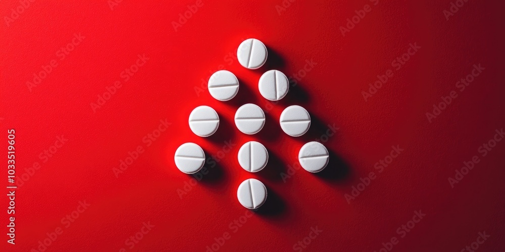 Aufkleber several white tablets are arranged in a uniform triangle on a vivid red background. the background i