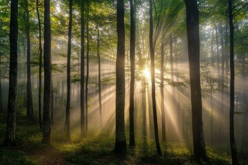 Sunbeams shine through a misty forest at dawn, illuminating the tall trees.