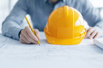 An engineer with a yellow hard hat and pencil working on blueprints, symbolizing precision and construction planning.