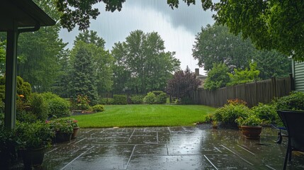 A serene backyard scene with heavy rain falling, showcasing lush greenery and a stone pathway
