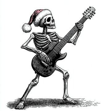 skeleton playing guitar wearing santa hat