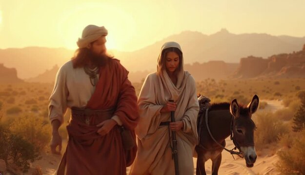 Joseph and Mary Walking with Donkey Across Desert Scene