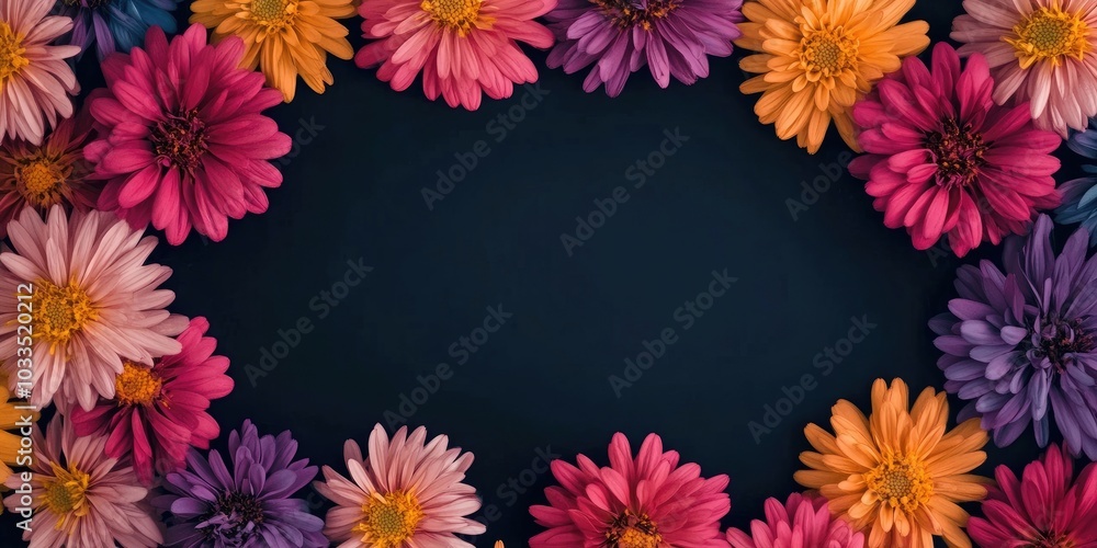 Poster colorful aster flowers creating a frame against a dark backdrop, minimal concept, top view, copyspac