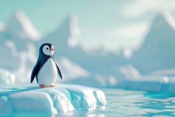 Fototapeta premium Cute penguin on an iceberg fantasy background outdoors cartoon nature.