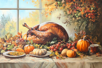 Turkey Painting, Thanksgiving Table Feast, Roast Turkey, Wine, and Harvest Fruits Painting