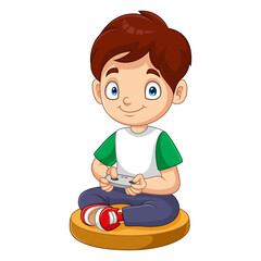 Cartoon little boy playing video game
