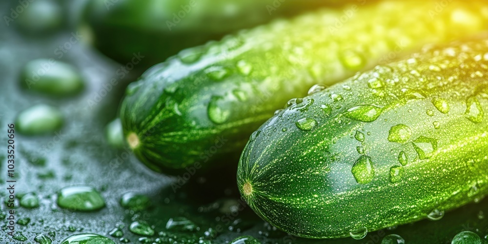Poster water droplets on a ripe cucumber. fresh vegetable background with copyspace for your text. concept 