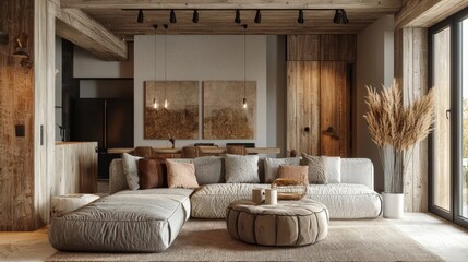 Rustic interior with a mix of natural textures and cozy decor