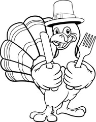A turkey pilgrim hat Thanksgiving cartoon bird Christmas mascot holding a knife and fork