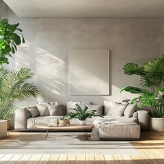 Contemporary Living Room Interior with Plants Illustration