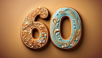 Decorated cookie, number 60, illustration for birthday or anniversary celebration
