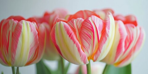 Fototapeta premium Tulips. Timelapse of vibrant pink striped tulips blooming against a white background. Time lapse of a bunch of spring flowers opening, close-up. Holiday bouquet.