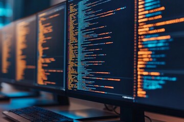 Close-up view of colorful code on a computer screen, representing programming, data processing, and software development.