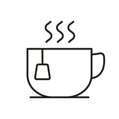 Tea Cup With Steam Line Icon. Hot Drink With Tea Bag Outline Symbol. Warm Beverage With Steam. Editable Stroke. Isolated Vector Illustration
