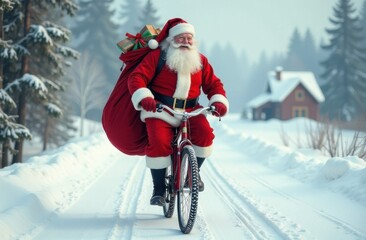 Santa Claus joyfully cycling through a snowy landscape while carrying a bag full of gifts on a winter morning near a cozy cabin