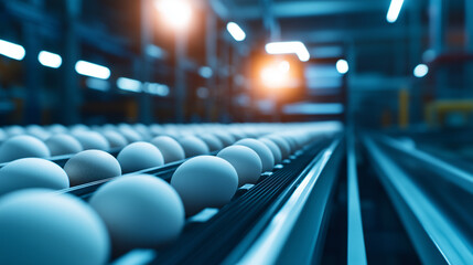 Fototapeta premium Eggs travel down a sleek conveyor belt in a well-lit factory, the glow from above highlighting the efficiency of automation in the food processing industry.