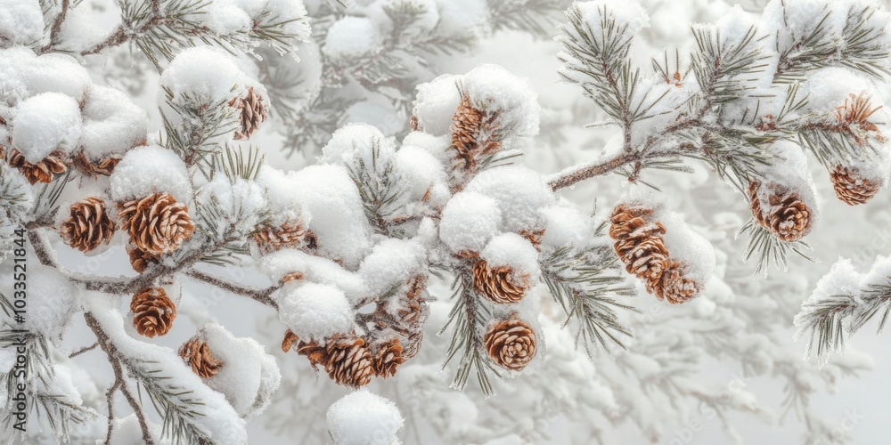 Poster branches of a coniferous tree are laden with soft snow.