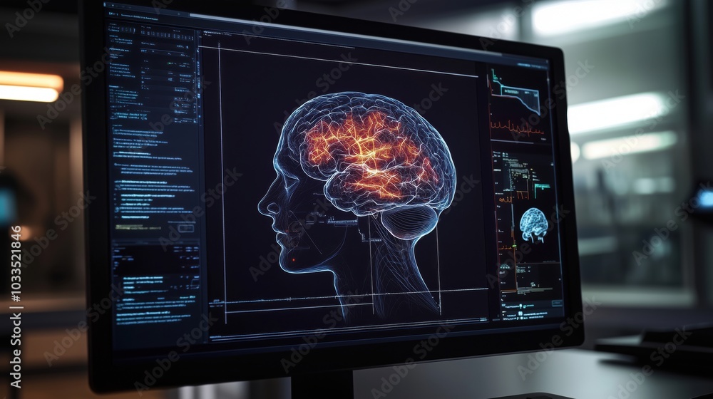 Poster brain visualization on computer screen, showcasing neural activity and data analysis