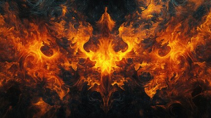 A beautiful, detailed fractal pattern that conveys fire and flames, on a black background, with an orange and yellow color scheme