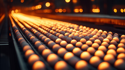 Rows of eggs travel in perfect synchronization on a conveyor belt, illuminated by soft, warm lights, illustrating the automation of food production in the agricultural sector.