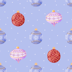 Watercolor hand drawn seamless pattern with Christmas tree toys. New year and Christmas background