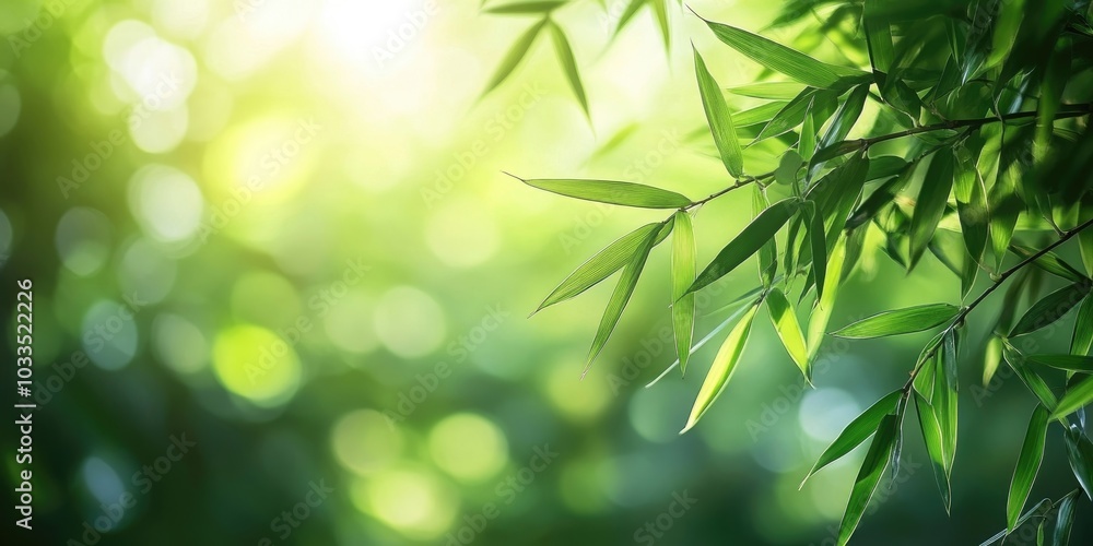 Poster close-up view of bamboo leaves set against a blurred green tree background with sunlight in a public