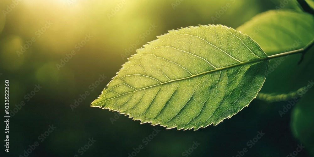 Poster close-up macro view of a green leaf in the garden under sunlight, featuring copy space for use as a 