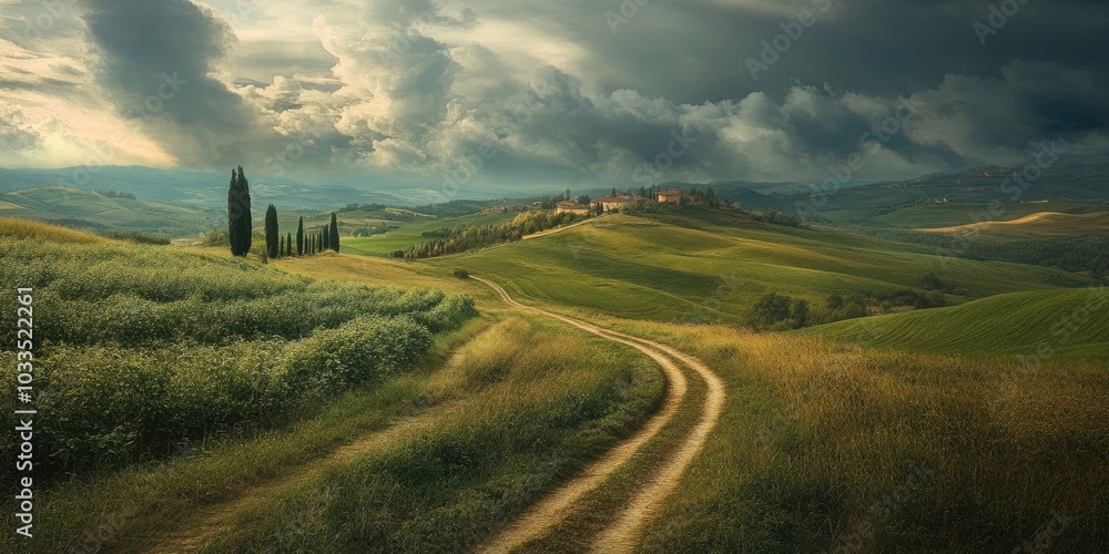 Poster the path in the open field of the countryside