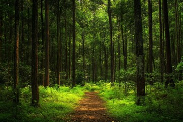 A winding dirt path through a dense, lush forest with tall trees and ferns on both sides.