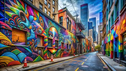 Naklejka premium Bright street with colorful murals and tall buildings on both sides. Banner, background for street art, urban culture, creativity