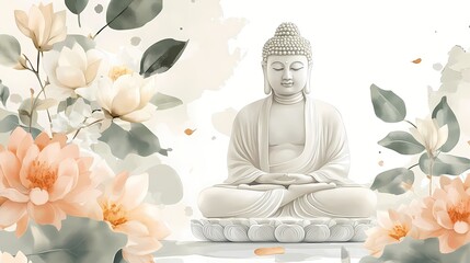 A serene Buddha statue surrounded by soft watercolor flowers in a tranquil setting, zen, minimal watercolor illustration