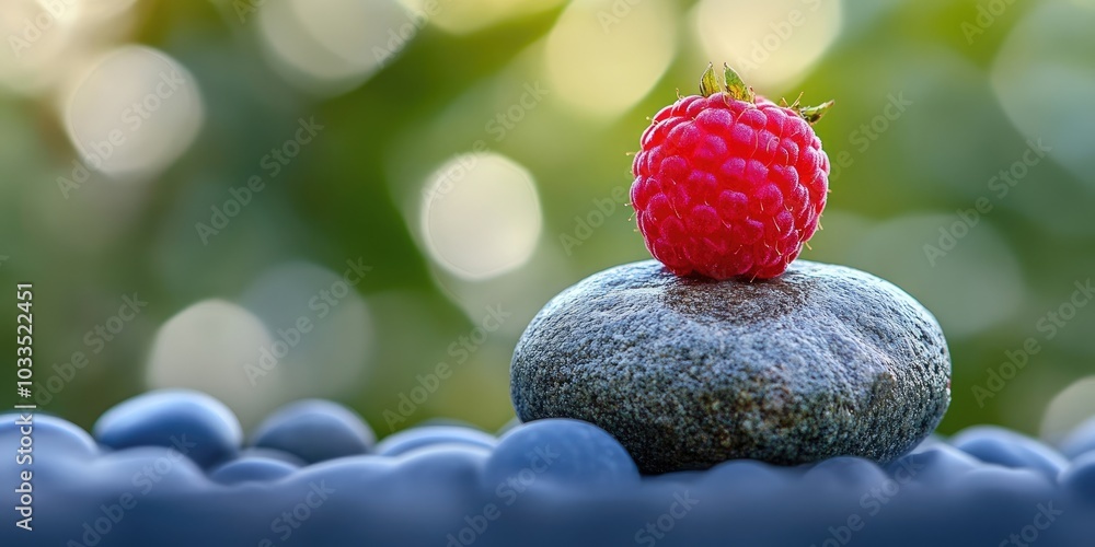 Poster raspberry on a rock.