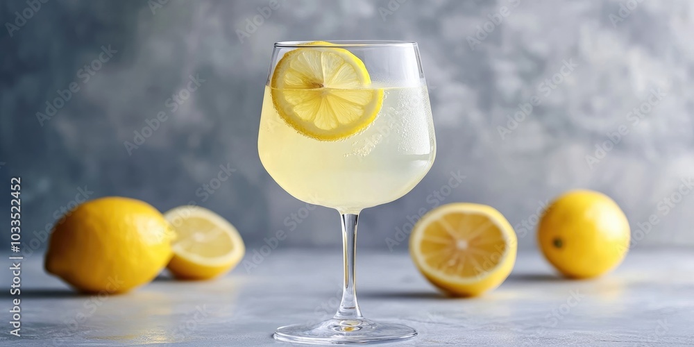 Poster lemonade served in a wineglass, topped with a slice of fresh lemon, set against a grey background wi
