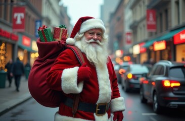 Santa Claus carrying a large sack of gifts while walking through a busy city street during the festive holiday season