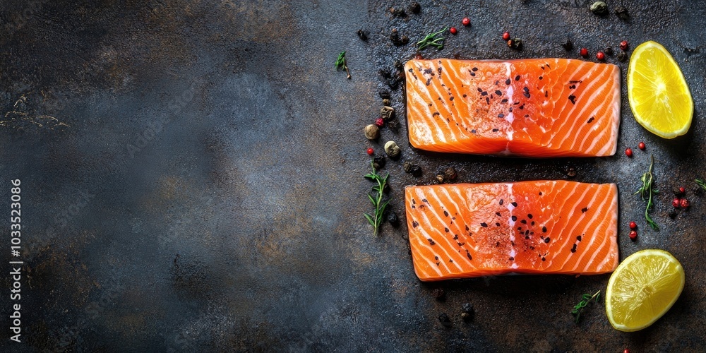 Poster raw salmon fish red steak fillet seafood portion copy space for text pescatarian diet background rus