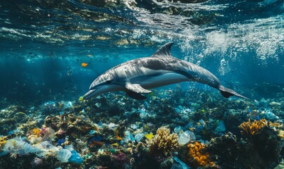 Naklejka premium Dolphin swims through ocean polluted with plastic.
