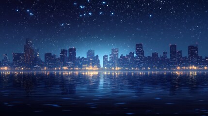 Fototapeta premium city skyline at night, illuminated by soft, peaceful lights