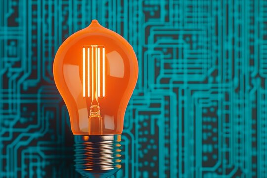 A glowing red light bulb with digital binary code visible inside, representing technology and innovation.
