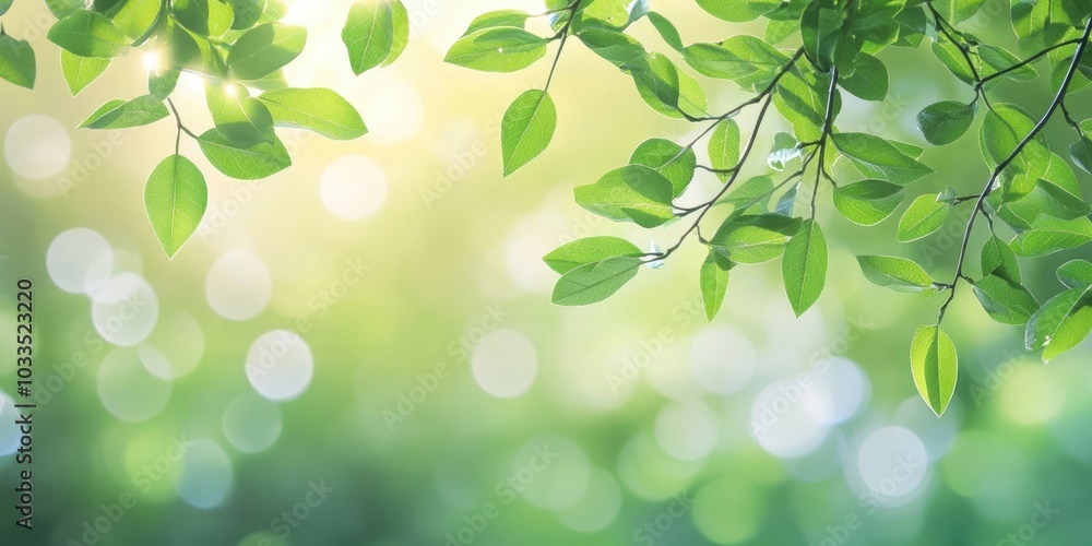 Poster green leaves in nature against a bokeh background with copy space for text.