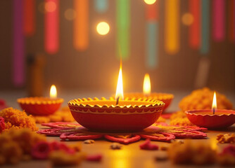 Traditional clay diya lamps lit during diwali festival with colorful background