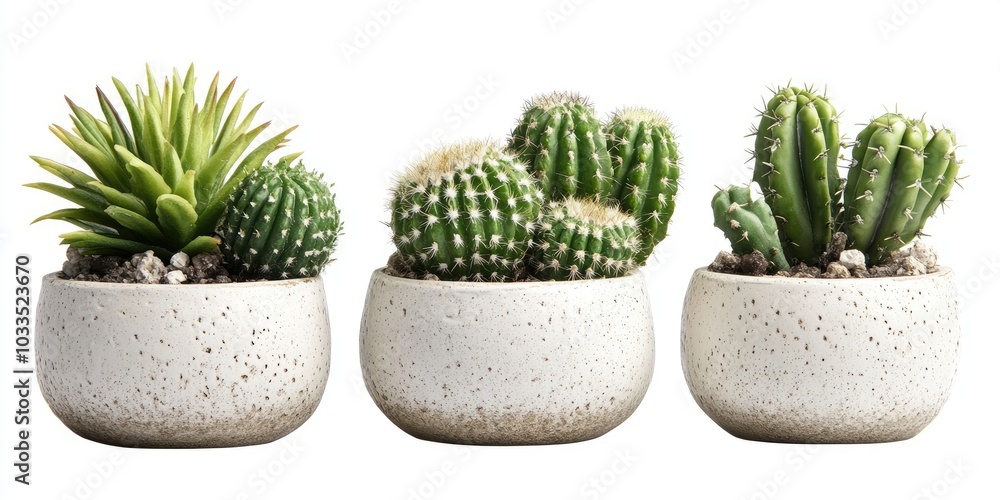 Poster artificial cactus in ceramic pots against a white background with a clipping path.